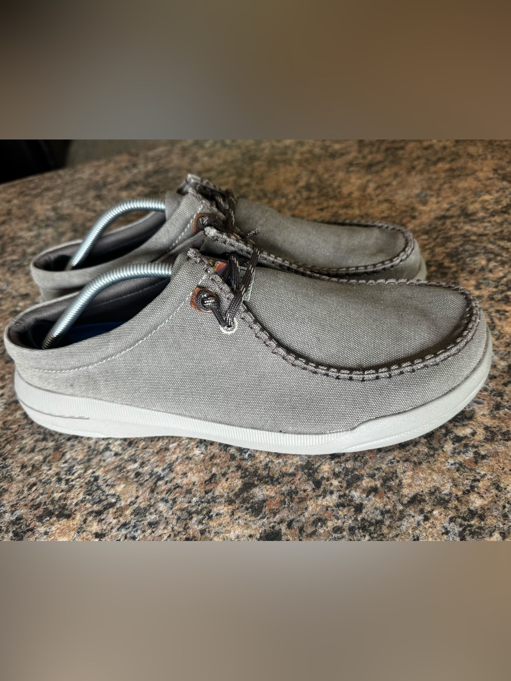 Clarks Men’s Tan Taupe Canvas Size 12 M Driftlite Surf Slip On Boat Shoes Comfy
